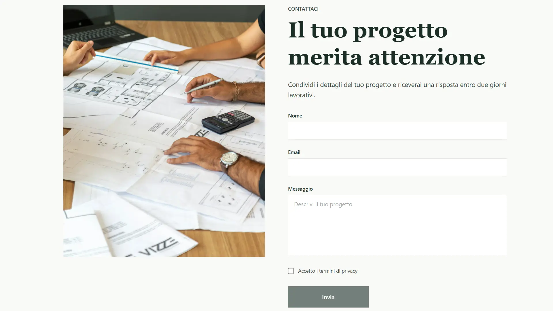 Pagina contatti con form di richiesta preventivo