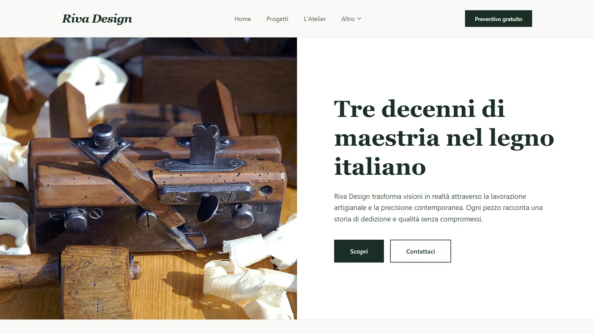 Screenshot homepage Riva Design con sezione principale, portfolio lavori e palette verde scuro