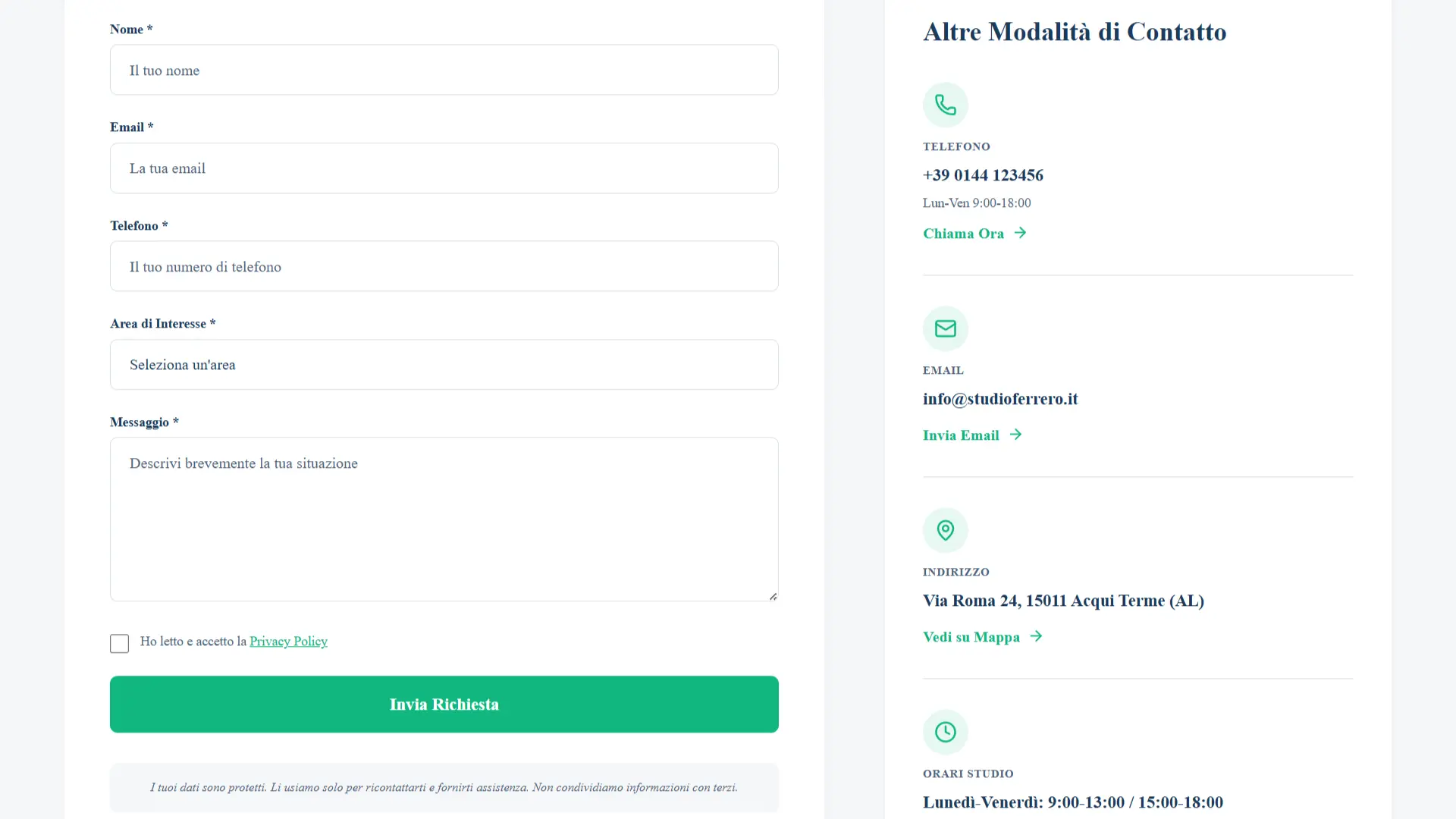 Pagina Contatti Studio Legale Ferrero - layout diviso con form intelligente