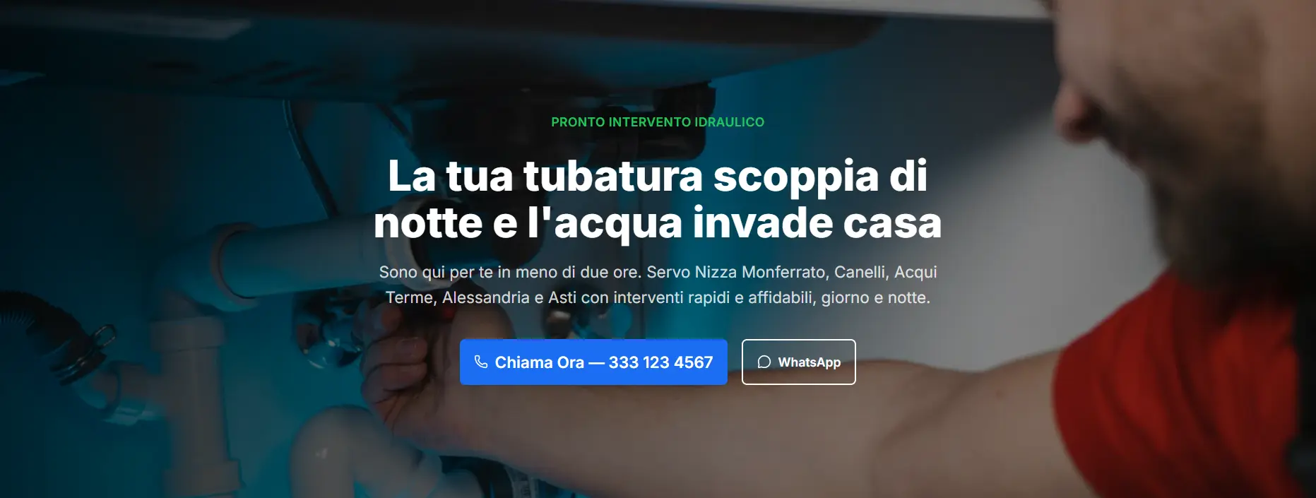 Screenshot homepage Idraulica Monferrato con pulsanti di contatto telefono e WhatsApp