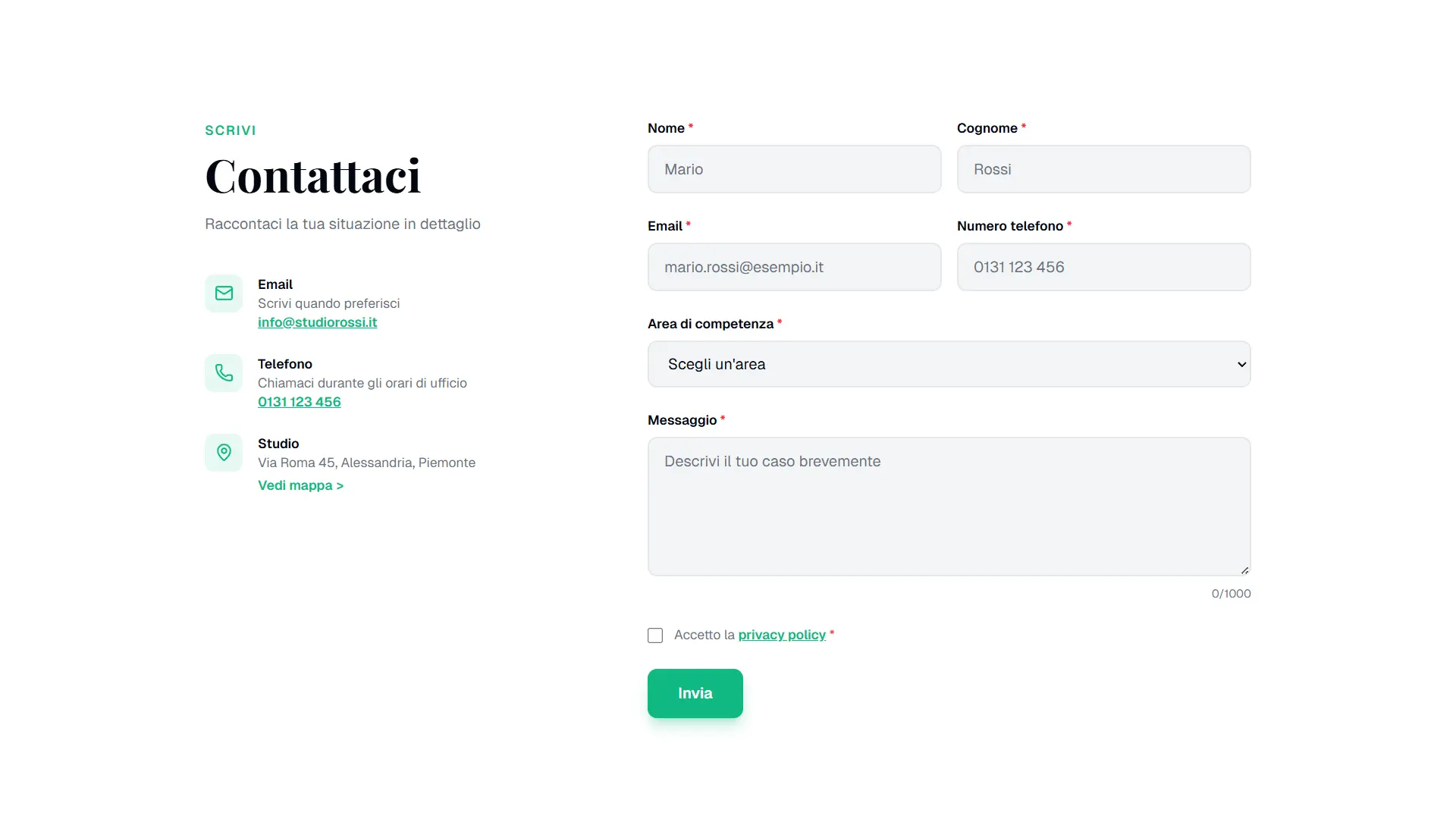 Form contatti completo 7 fields con validation state attivo, sidebar info block desktop