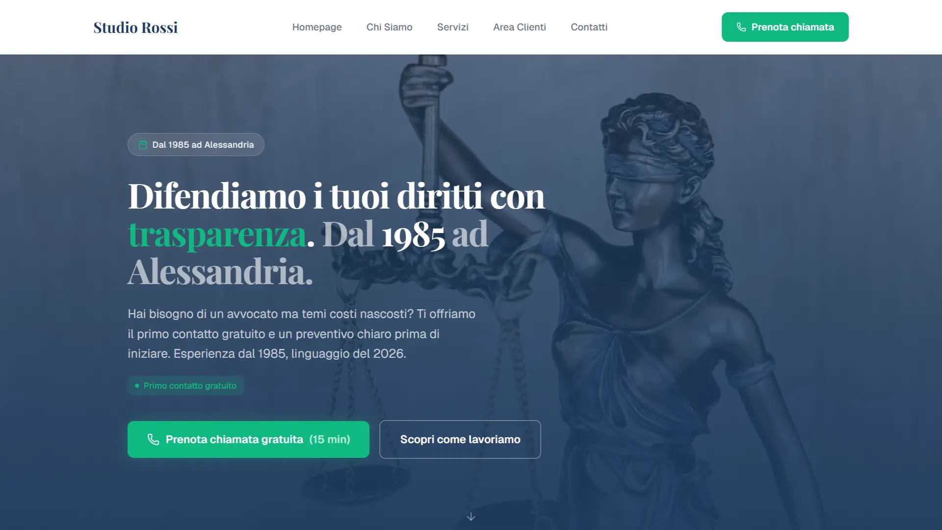 Screenshot homepage Studio Legale Rossi & Associati - hero blu navy con statua giustizia e H1 'Difendiamo i tuoi diritti con trasparenza'